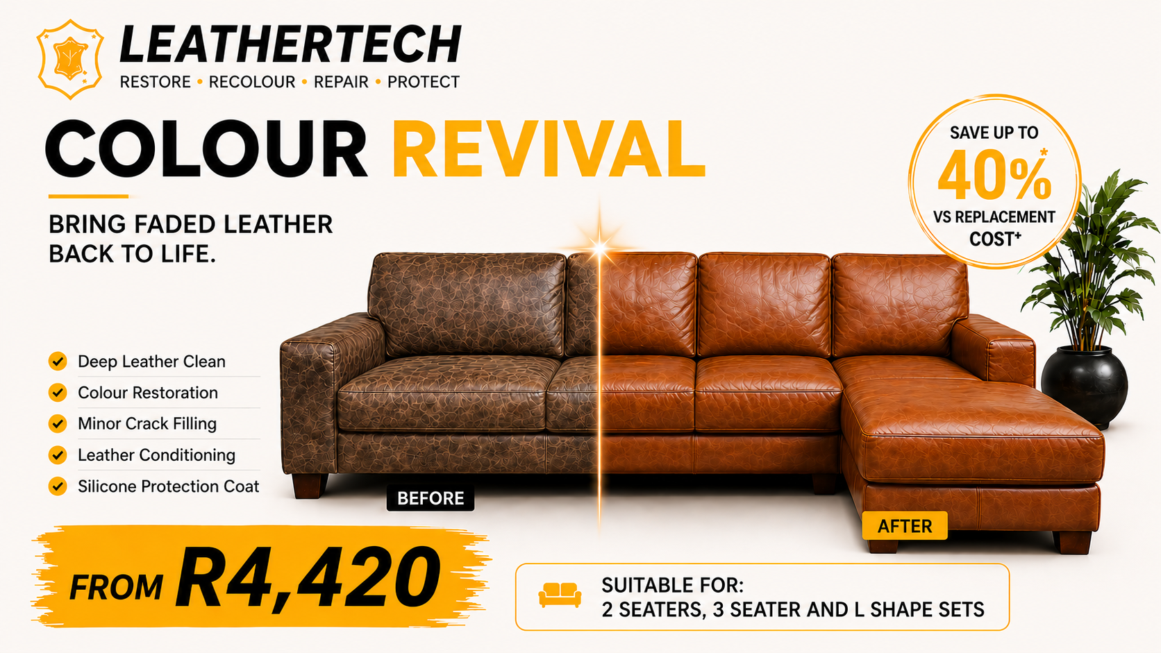 Restored cognac leather sofa bathed in warm morning light — Leathertech atelier, Johannesburg